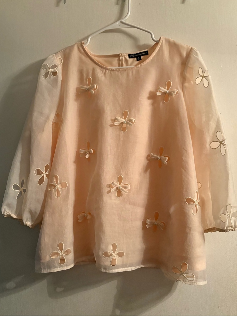 Beautiful Adrianna Papell Flower Cut Out and Bows Blouse with Pearls